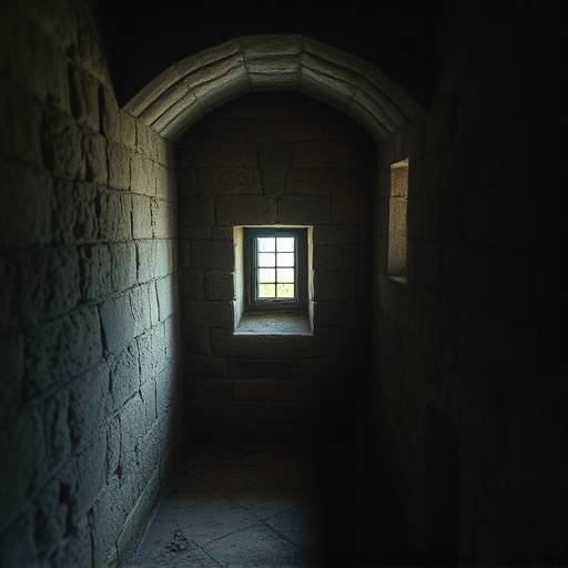 Imagen de una celda antigua en la Torre de Londres, mostrando paredes de piedra y una pequeña ventana.