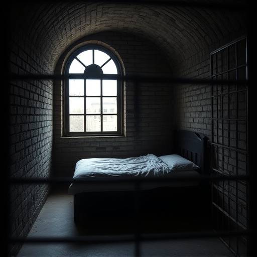Imagen de una celda en el Eastern State Penitentiary, con una ventana arqueada y una cama.
