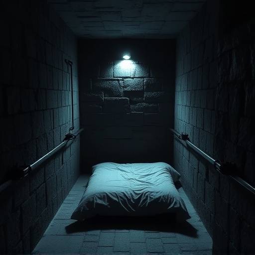 Interior oscuro de una celda de aislamiento con una cama estrecha y paredes de piedra.